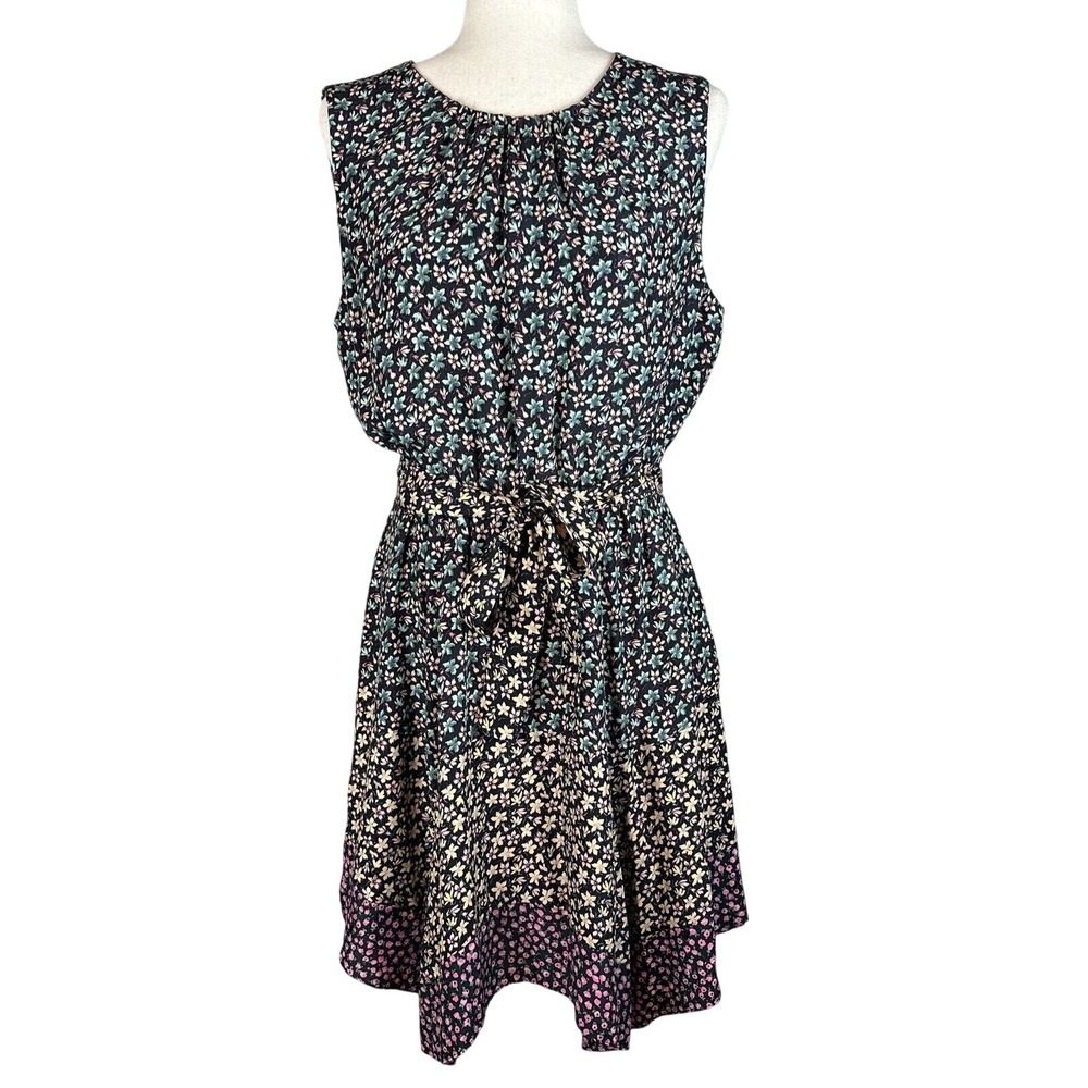 Rebecca Taylor Louisa Dress Size L Sleeveless Black Silk Floral Mix Print Belted